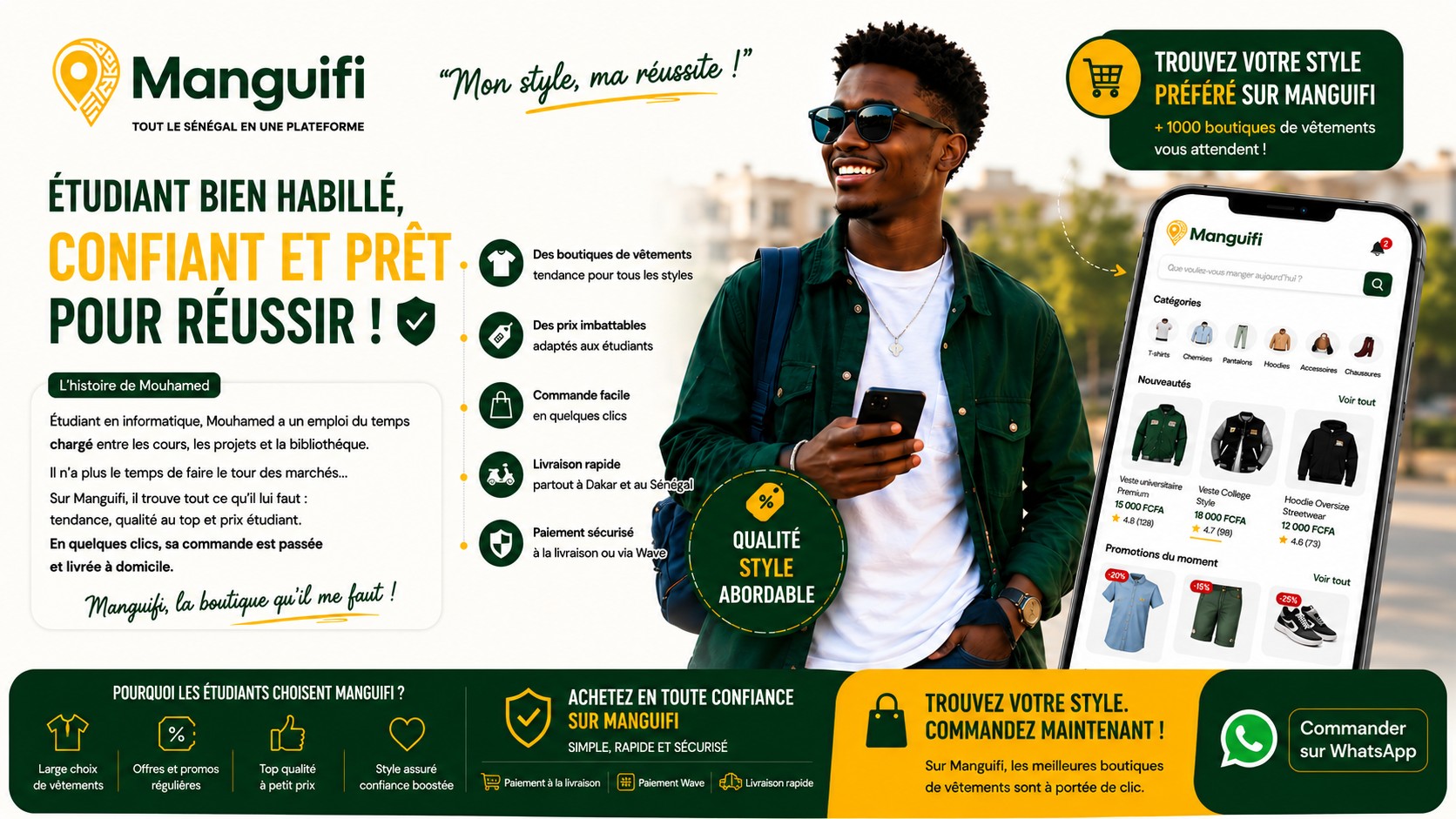 Étudiant bien habillé, confiant et prêt pour réussir avec Manguifi